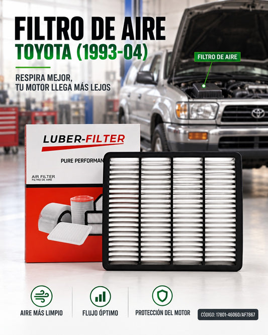 Filtro de aire para Toyota 1993-2004 de la marca KM Motos, muestra el filtro de aire en buen estado.