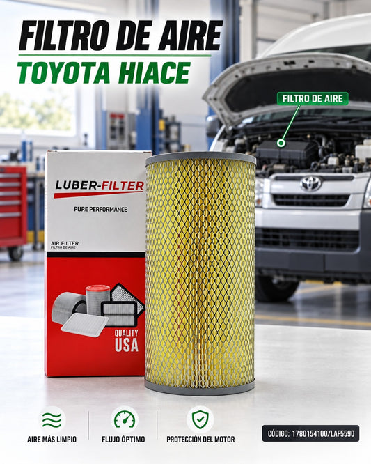 Filtro de aire para Toyota Hiace KM Motos, muestra el filtro de aire rectangular y su estructura de papel y plástico en la imagen.