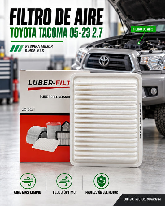 Filtro de aire KM Motos para Toyota Tacoma 2005-2023, duradero y de alta calidad, muestra el filtro de aire en su caja.