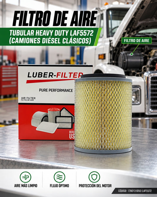 Filtro de aire tubular Heavy Duty KM Motos para camiones diésel clásicos, muestra el filtro con estructura robusta.