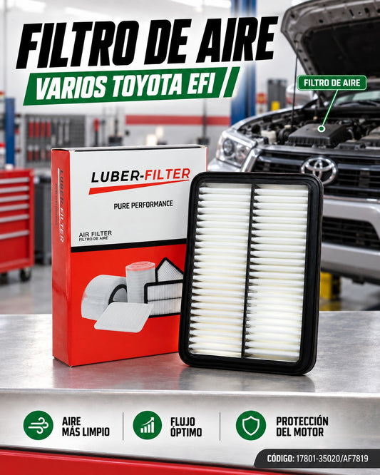 Filtro de aire KM Motos para Toyota EFI, muestra el filtro de aire rectangular con malla y marco de plástico en la imagen.
