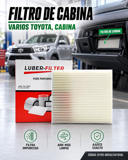 Filtro de aire para cabina Toyota de KM Motos, muestra el filtro en su empaque y detalles del producto.