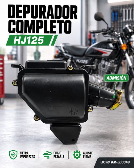 Filtro de aire completo KM Motos HJ125, vista del depurador con componentes limpios y en buen estado.