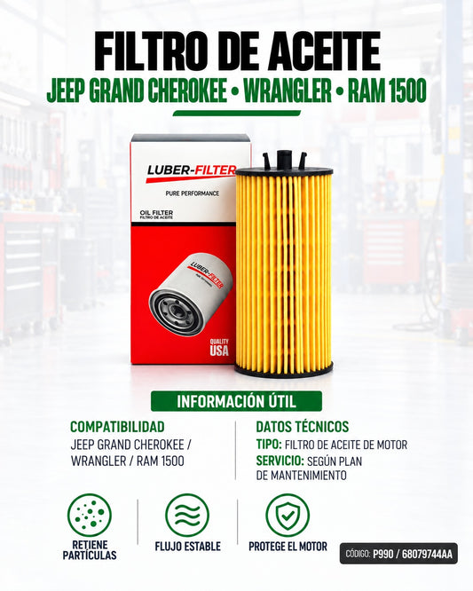 Filtro de aceite KM Motos para Jeep Grand Cherokee, Wrangler y Ram 1500, muestra el filtro de aceite en su empaque.
