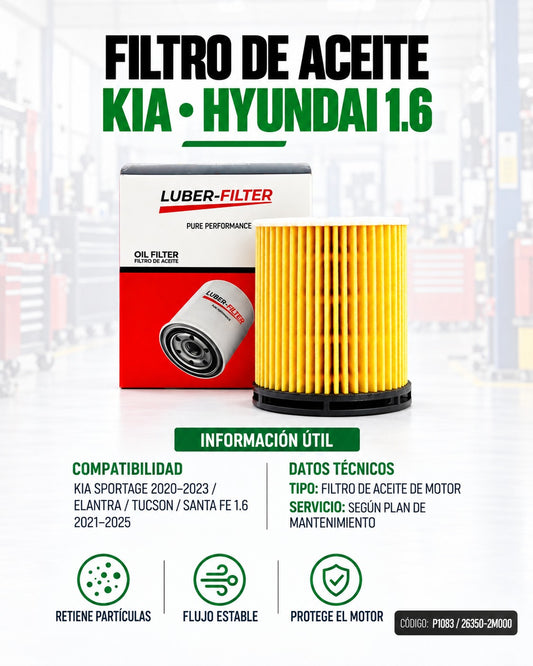 Filtro de aceite KM Motos para Kia Sportage, Elantra, Tucson y Santa Fe 1.6, visible en la imagen.