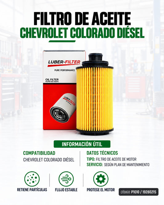 Filtro de aceite para Chevrolet Colorado diésel de la marca KM Motos, muestra el elemento del filtro y su estructura metálica.