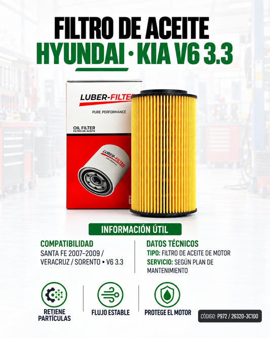 Filtro de aceite KM Motos para Santa Fe 07-09, Veracruz y Sorento, en la imagen.