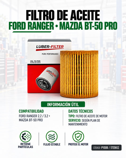 Filtro de aceite KM Motos para Ford Ranger 2.2 y 3.2, Mazda BT50Pro, muestra el filtro de aceite en color metálico con empaque.