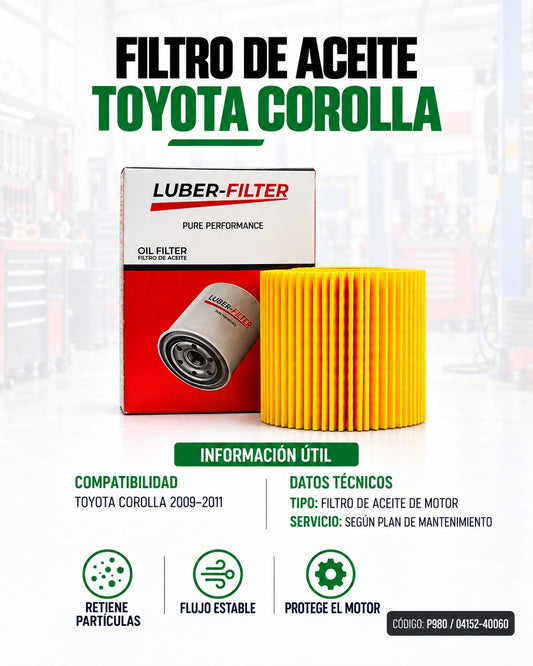 Filtro de aceite KM Motos para Toyota Corolla 2009-2011, componente de motor en la imagen.