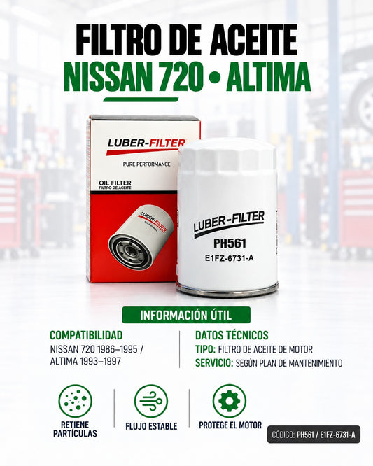 Filtro de aceite enroscable KM Motos para Nissan 720 86-95 y Nissan Altima 93-97, muestra el filtro en su empaque.