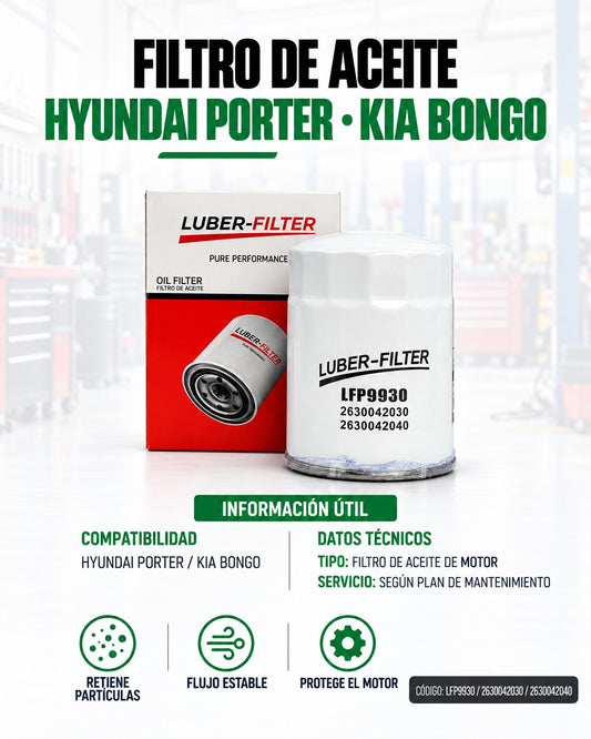 Filtro de aceite enroscable KM Motos para Hyundai Porter y KIA Bongo, imagen de filtro de aceite en posición y detalles del producto.