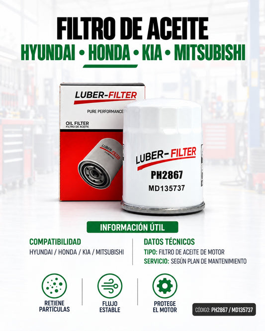 Filtro de aceite enroscable KM Motos para Hyundai, Honda, KIA y Mitsubishi, visible en la imagen.
