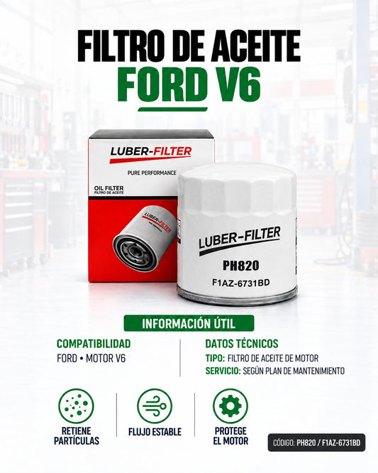 Filtro de aceite enroscable Ford V6 de la marca KM Motos, con detalles visibles del componente en la imagen.