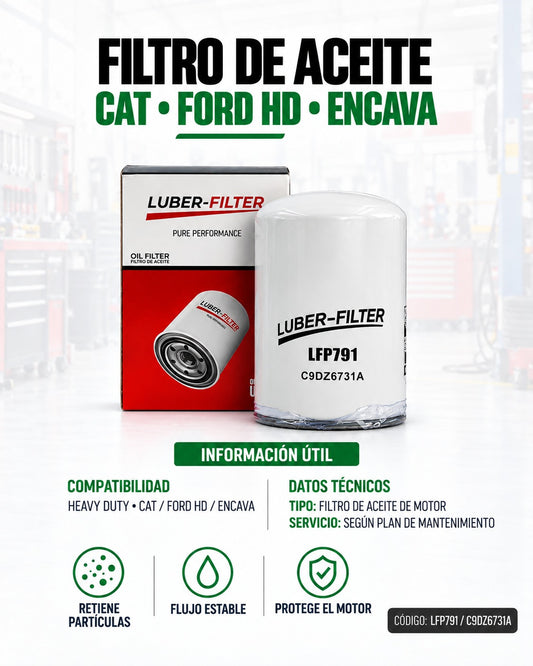 Filtro de aceite enroscable Heavy Duty CAT/Ford HD de KM Motos, resistente y duradero para motores robustos.