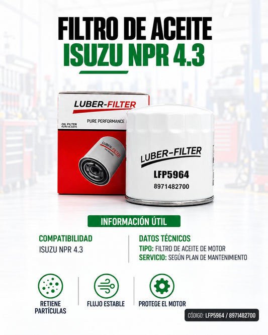 Filtro de aceite enroscable KM Motos para Isuzu NPR 4.3, pieza de reemplazo visible en la imagen.