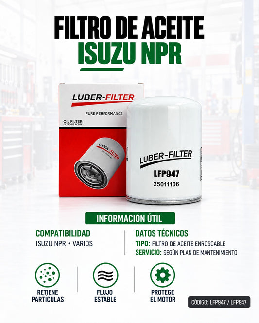 Filtro de aceite enroscable KM Motos para Isuzu NPR, imagen que muestra el filtro de aceite en su envase y detalles.