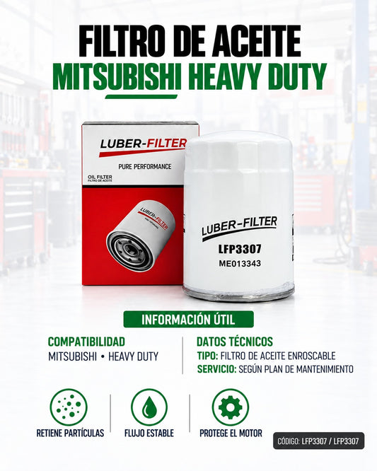 Filtro de aceite enroscable Mitsubishi Heavy Duty de KM Motos, compatible con motores pesados, muestra el filtro y su rosca.