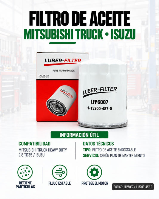 Filtro de aceite enroscable KM Motos para Mitsubishi Truck Heavy Duty 2.8 TD35 e Isuzu, visible en la imagen.