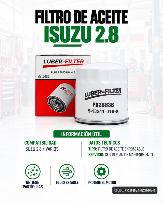 Filtro de aceite enroscable KM Motos para Isuzu 2.8, componente de motor, en la imagen.