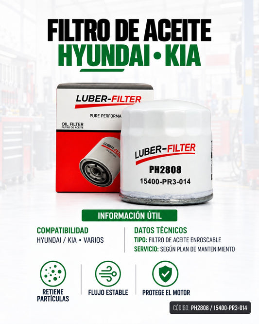 Filtro de aceite enroscable KM Motos para Hyundai y Kia, imagen que muestra el filtro de aceite en su empaque.