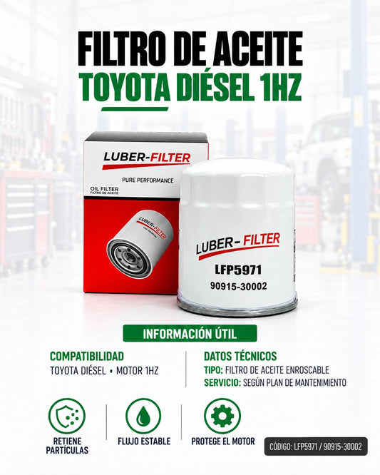 Filtro de aceite enroscable para Toyota Diesel 1HZ de la marca KM Motos, con detalles visibles en la imagen.