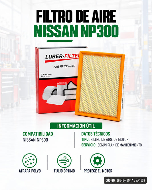 Filtro de aire KM Motos para Nissan NP300, elemento de reemplazo en color gris con componentes de filtro visibles.