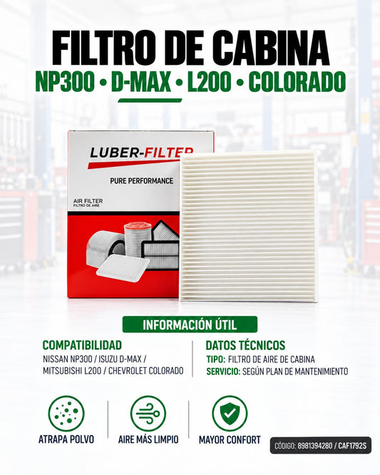 Filtro de aire de cabina KM Motos para Nissan Navara NP300, D-Max, L200 y Colorado, muestra el filtro en su caja.