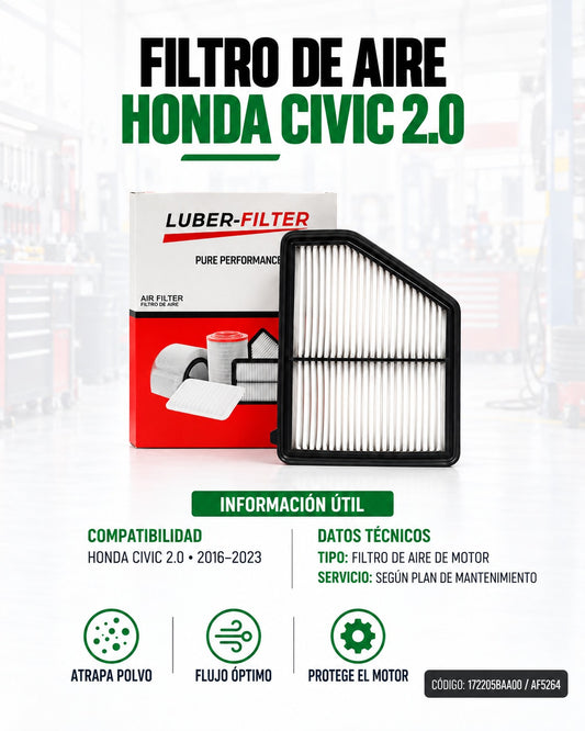 Filtro de aire KM Motos para Honda Civic 2016-2023 2.0, visible en el image, de alta calidad y duradero.