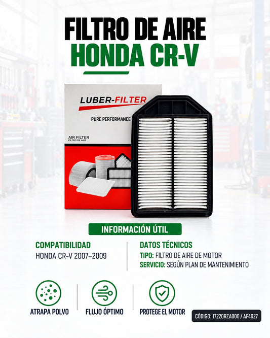 Filtro de aire KM Motos para Honda CRV, modelo 007-009, mostrado en la imagen con detalles del filtro de aire.