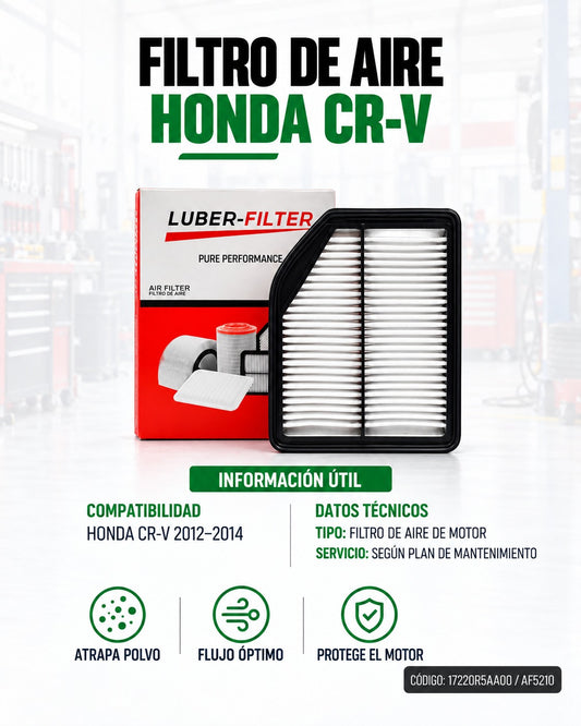 Filtro de aire KM Motos para Honda CRV 2012-2014, componente de motor, muestra el filtro de aire en su caja.