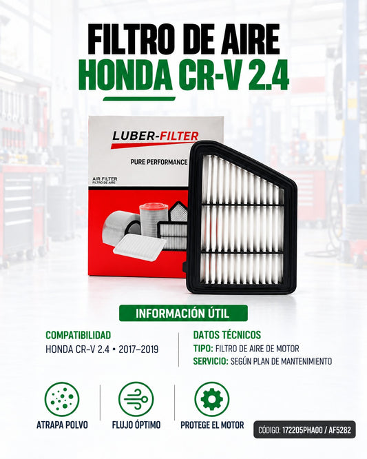 Filtro de aire KM Motos para Honda CRV 2017-2019 2.4, muestra el filtro de aire en su caja de almacenamiento.