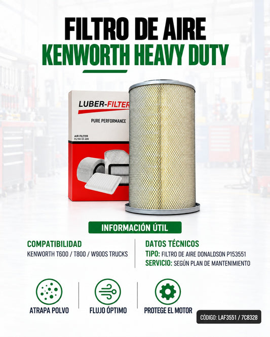 Filtro de aire Donaldson P153551 para camiones Kenworth T600, T800 y W900S, imagen de filtro con tapa de protección.