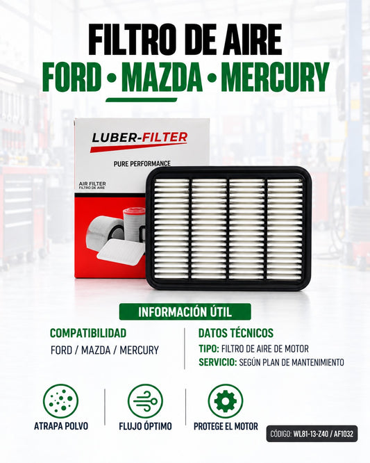 Filtro de aire KM Motos para Ford, Mazda y Mercury, muestra el filtro de aire con marco y filtro de fibra en la imagen.