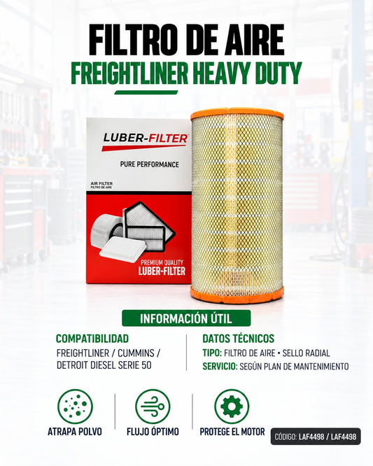 Filtro de aire KMMOTOSHN para Freightliner, Cummins y Detroit Diesel Series 50, con sello radial, visible en la imagen.