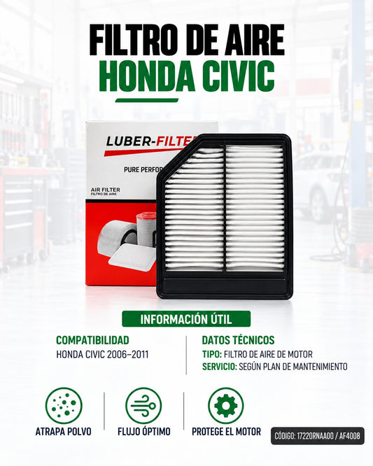 Filtro de aire para Honda Civic 2006-2011, marca KM Motos, muestra el filtro de aire con componentes de fibra y marco de plástico.