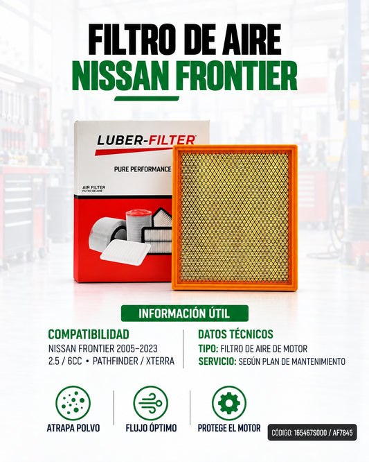 Filtro de aire original para Nissan Frontier 05-23 2.5 y Pathfinder Xterra, muestra el filtro de aire en su caja.