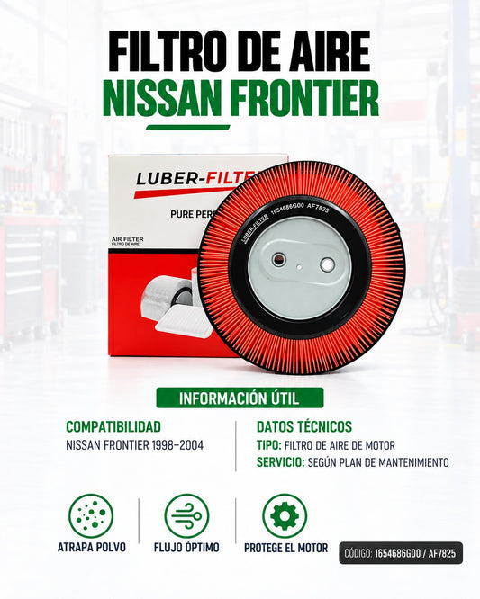 Filtro de aire KM Motos para Nissan Frontier 98-04, muestra el filtro de aire en su caja con detalles del producto.