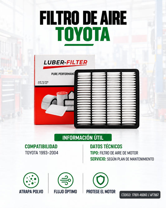 Filtro de aire Toyota para modelos 1993-2004 de KM Motos, muestra el filtro de aire nuevo y limpio para vehículos Toyota.