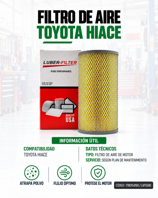 Filtro de aire Toyota Hiace de KM Motos, muestra el filtro limpio y listo para instalar en el motor del vehículo.