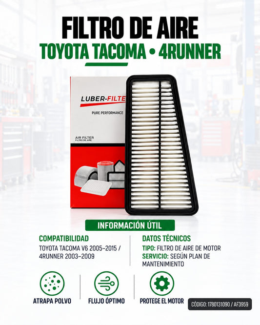Filtro de aire KMMOTOSHN para Toyota Tacoma 2005-2015 V6 y Runner, muestra el filtro con marco y material filtrante.