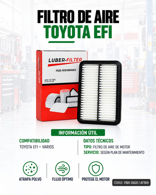 Filtro de aire Toyota EFI de KM Motos, muestra el filtro de aire reemplazable en su caja.
