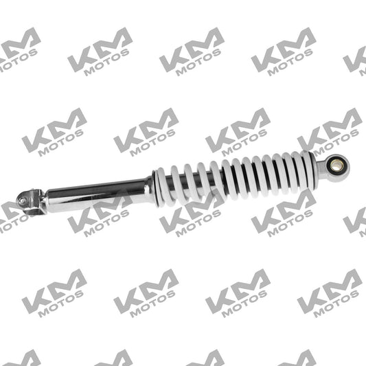 Amortiguador trasero blanco Italika Modena 150, sistema de suspensión original en vista lateral.