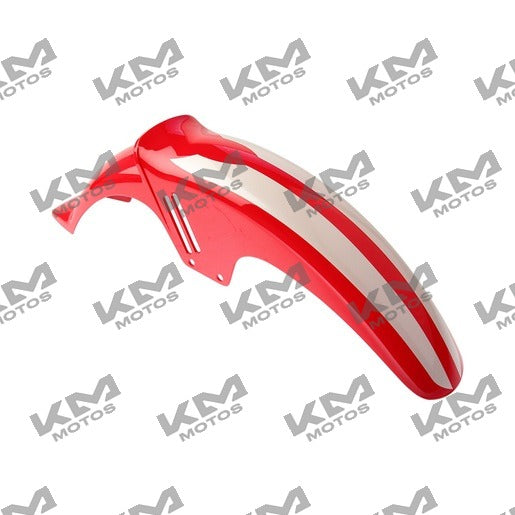 Guardafango delantero rojo y blanco para Italika Ft150GTS, sistema de chasis original en la imagen.
