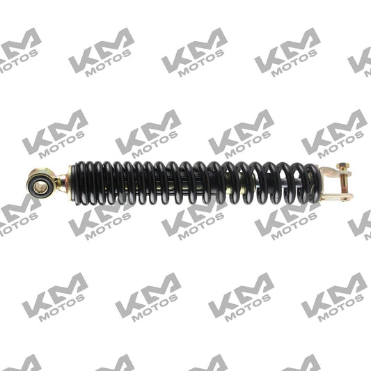 Amortiguador trasero negro de suspensión para motocicleta Italika D125, componente original F02020090 en vista lateral