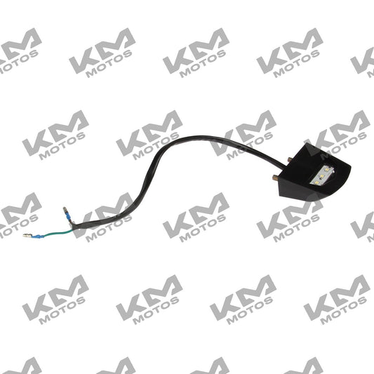 Luz LED para porta placa Fiera 150 Italika, sistema de chasis original, instalada en la motocicleta Italika F09060014.