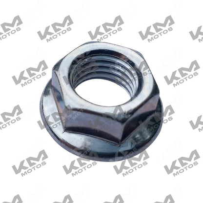 Tuerca M10x1.25 de la marca KMMOTOSHN, modelo ZDM200/DM125, mostrando su forma y rosca en la imagen.