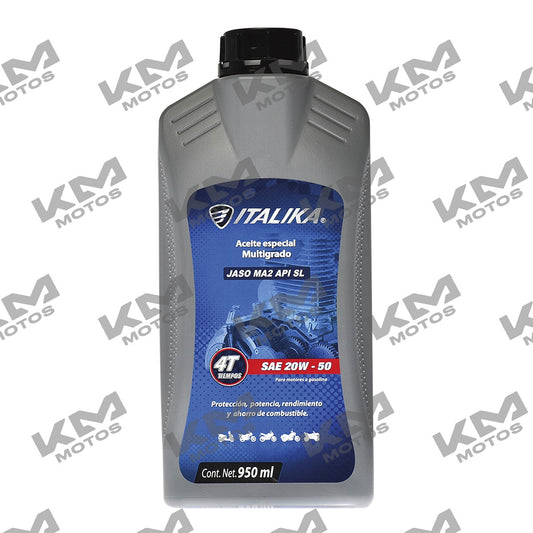 Aceite 4 tiempos SAE 20W50 SL Italika FT150 DS150 para sistema de lubricación, envase con etiqueta y tapa visible
