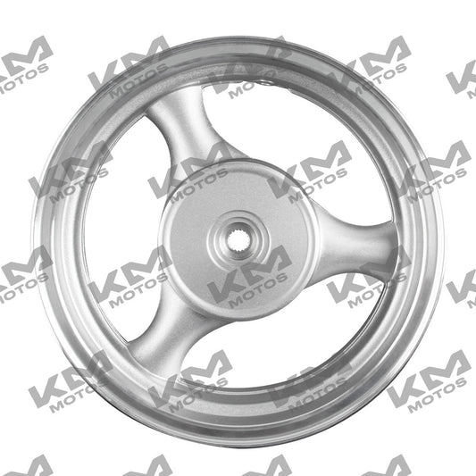 Rin trasero de sistema de ruedas para motocicleta Italika DS150 XS150, color plateado, con detalles del modelo original.