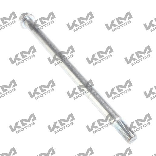 Eje de rueda trasera M14x257 para Fiera 150 Italika, sistema de ruedas original, vista de frente con detalles metálicos