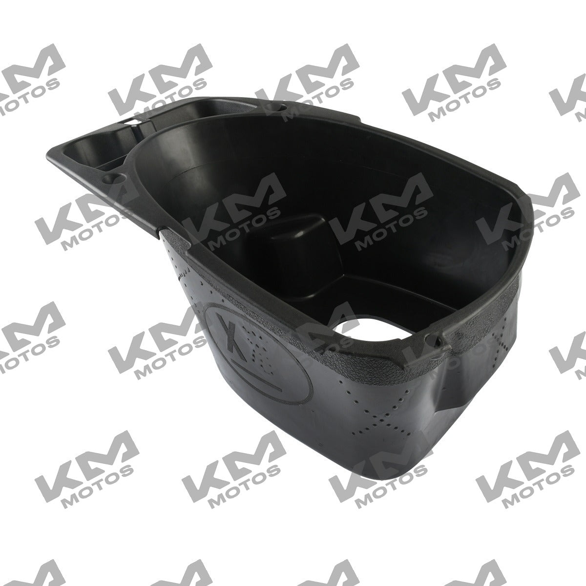 Sistema de chasis para cajuela negra de la motocicleta Italika DS150 XS150, modelo F12030007, en imagen con fondo neutro.